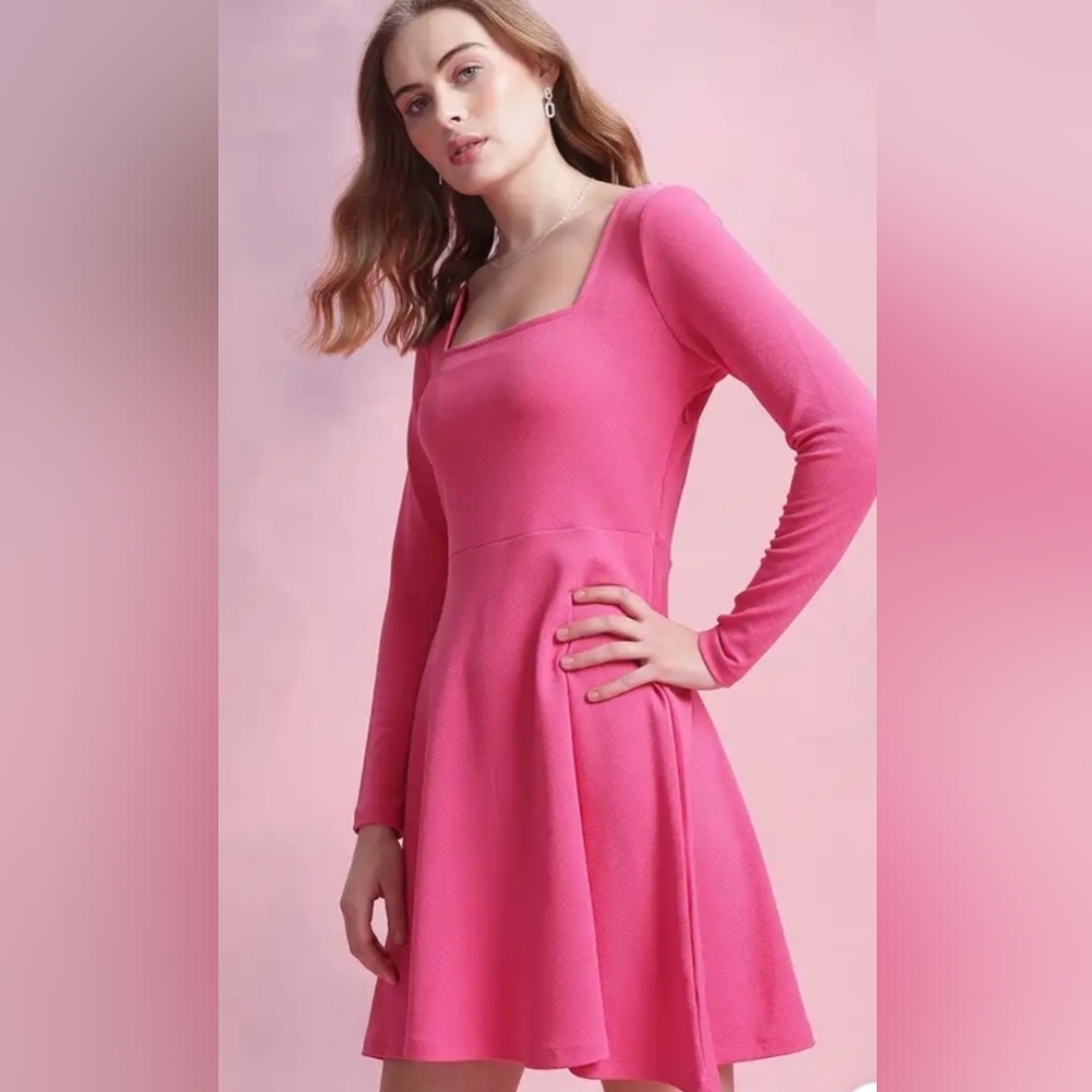 Amazon Pink Long Sleeve Square Neck Fit & Flare Dress